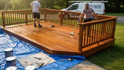 Chico Paint Pros staining a wooden deck in Chico, CA to protect against sun and moisture